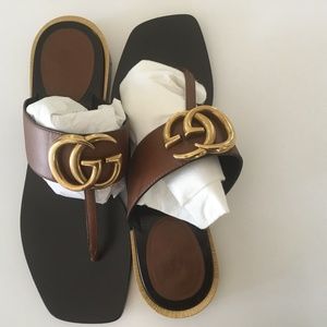 Gucci brown double G gold heel thong sandals